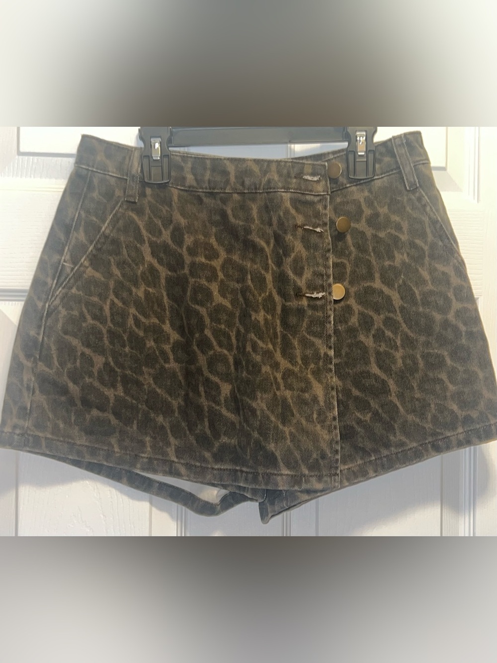 Leopard Print Denim Skort in Brown - Casual A-Line Skort